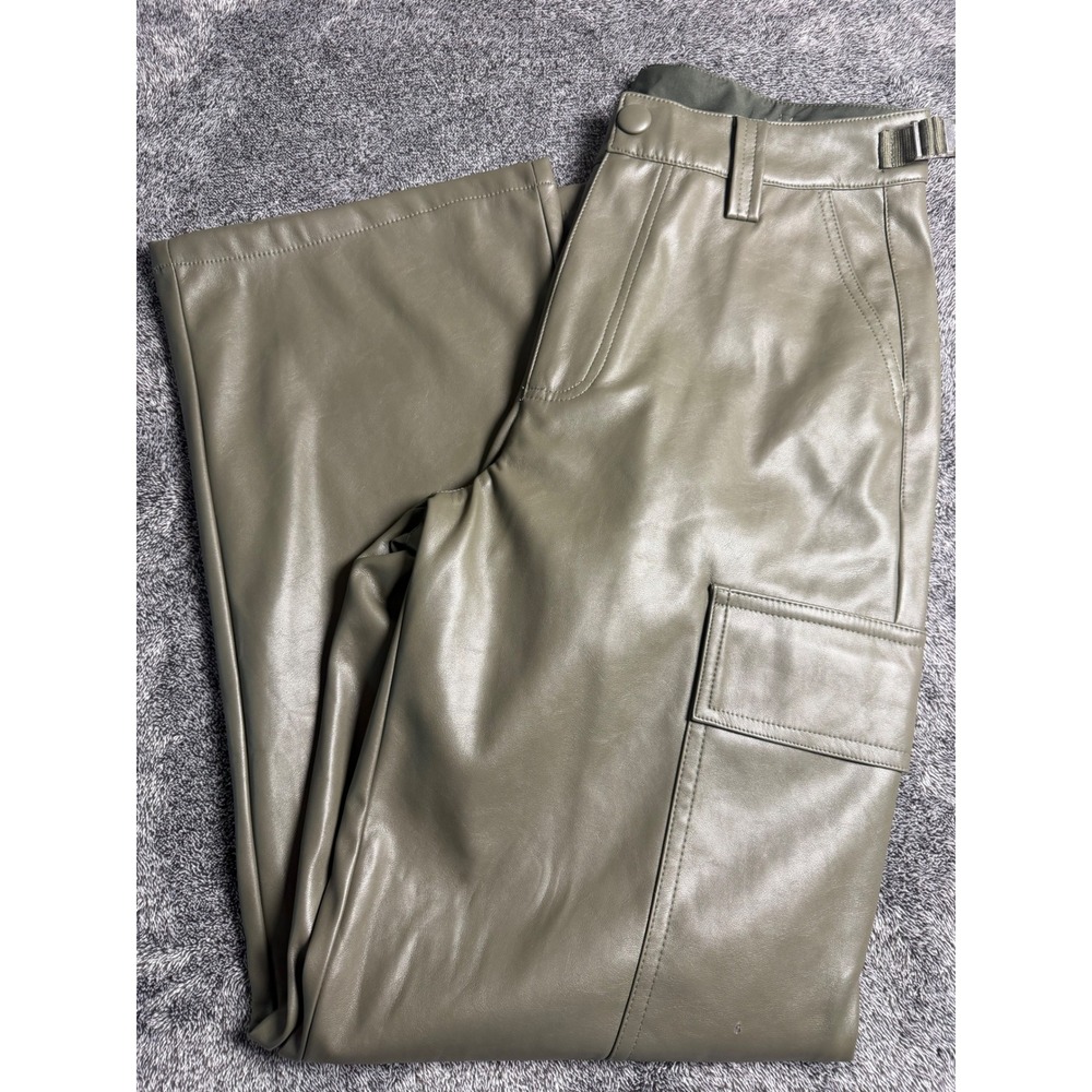 Elan Women Olive Green Faux Leather Cargo Pants Wide Leg FL2336 Small